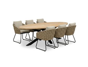 Cleve antraciet/Flora Sahara Dust dining tuinset | 6 personen | teakhout + touw | 240cm ovaal