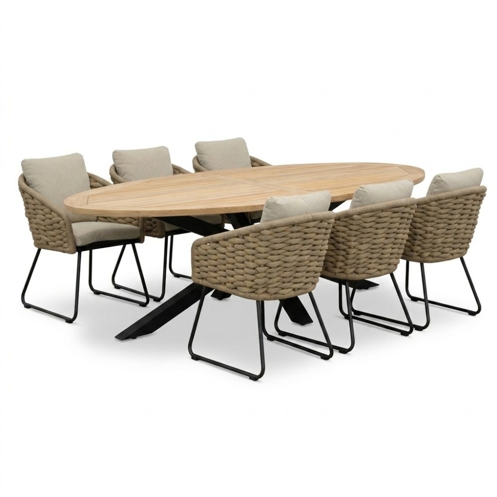 Cleve antraciet/Flora Sahara Dust dining tuinset | 6 personen | teakhout + touw | 240cm ovaal