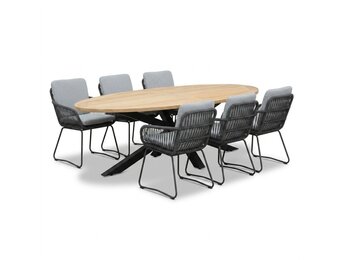 Cleve antraciet/Harper Stone Grey dining tuinset | 6 personen | teakhout + touw | 240cm ovaal