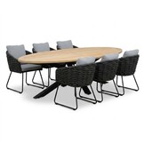 Cleve antraciet/Flora Stone Grey dining tuinset | 6 personen | teakhout + touw | 240cm ovaal