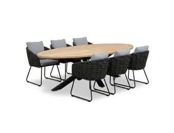 Cleve antraciet/Flora Stone Grey dining tuinset | 6 personen | teakhout + touw | 240cm ovaal