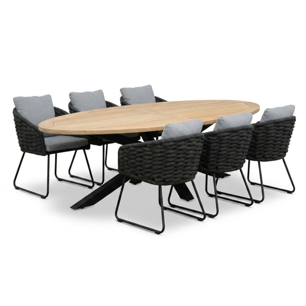 Cleve antraciet/Flora Stone Grey dining tuinset | 6 personen | teakhout + touw | 240cm ovaal