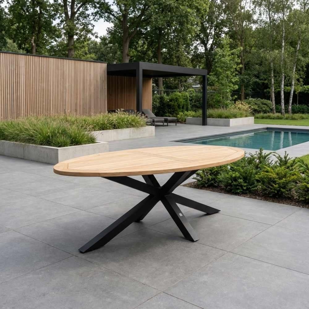 Cleve antraciet/Flora Stone Grey dining tuinset | 6 personen | teakhout + touw | 240cm ovaal