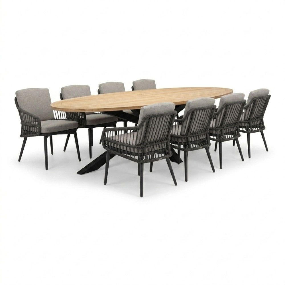 Cleve antraciet/Alicante antraciet dining tuinset | 8 personen | teakhout + wicker | 280cm ovaal