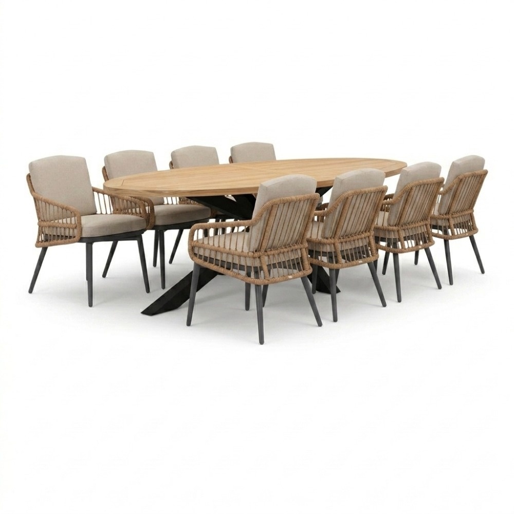 Cleve antraciet/Alicante zand dining tuinset | 8 personen | teakhout + wicker | 280cm ovaal