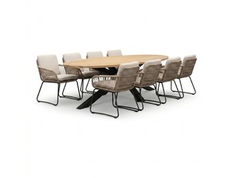 Cleve antraciet/Harper Sahara Dust dining tuinset | 8 personen | teakhout + touw | 280cm ovaal