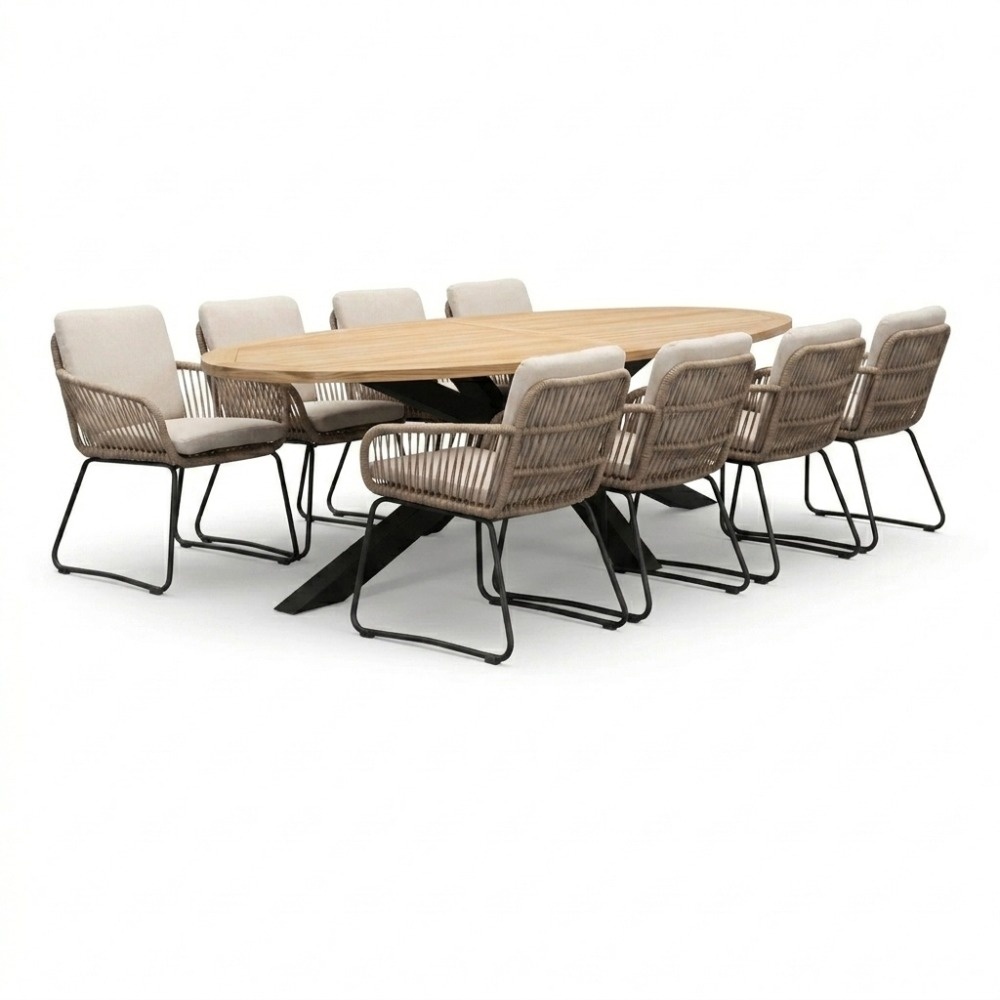 Cleve antraciet/Harper Sahara Dust dining tuinset | 8 personen | teakhout + touw | 280cm ovaal
