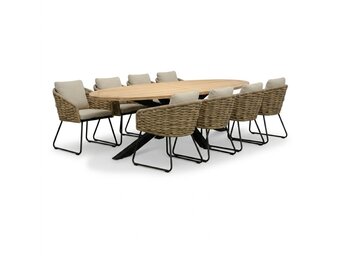 Cleve antraciet/Flora Sahara Dust dining tuinset | 8 personen | teakhout + touw | 280cm ovaal