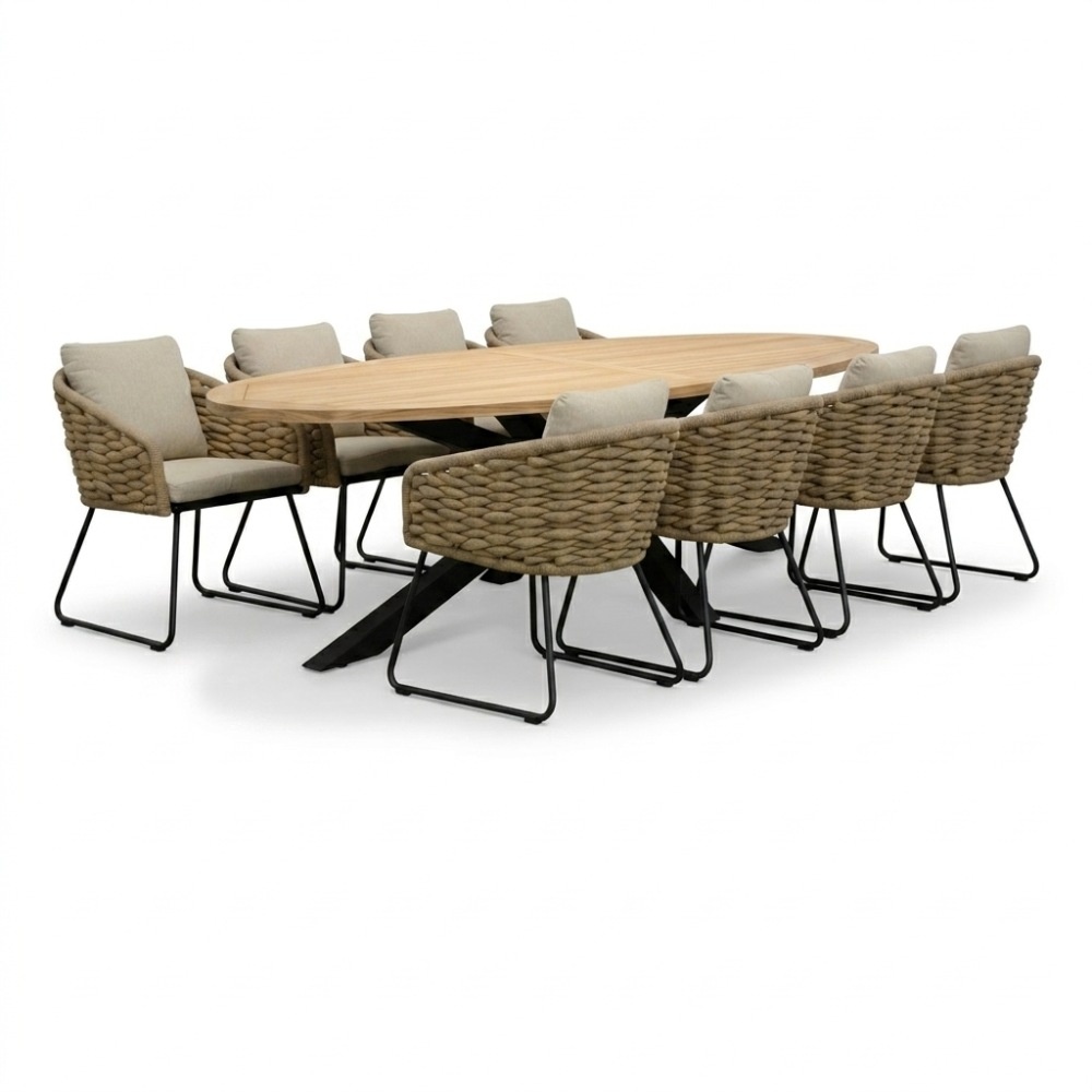 Cleve antraciet/Flora Sahara Dust dining tuinset | 8 personen | teakhout + touw | 280cm ovaal