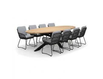 Cleve antraciet/Harper Stone Grey dining tuinset | 8 personen | teakhout + touw | 280cm ovaal