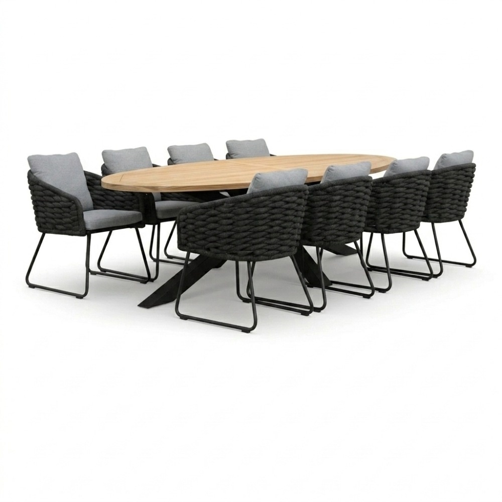 Cleve antraciet/Flora Stone Grey dining tuinset | 8 personen | teakhout + touw | 280cm ovaal