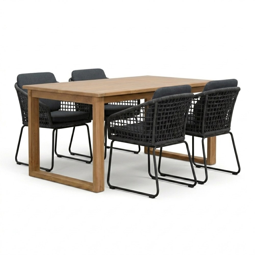 Corfu/Tulum Lava Grey dining tuinset | 4 personen | teakhout + touw | 150cm