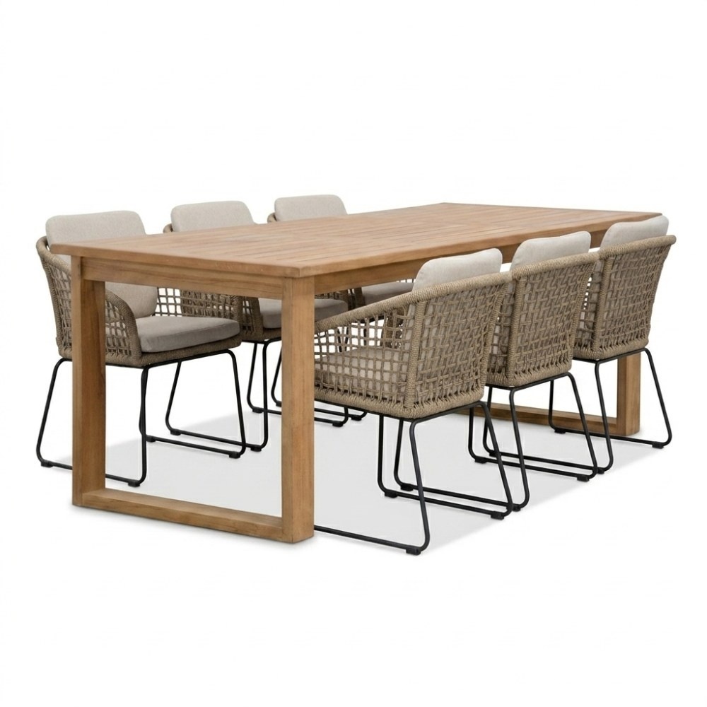 Corfu/Tulum Sahara Dust dining tuinset | 6 personen | teakhout + touw | 200cm