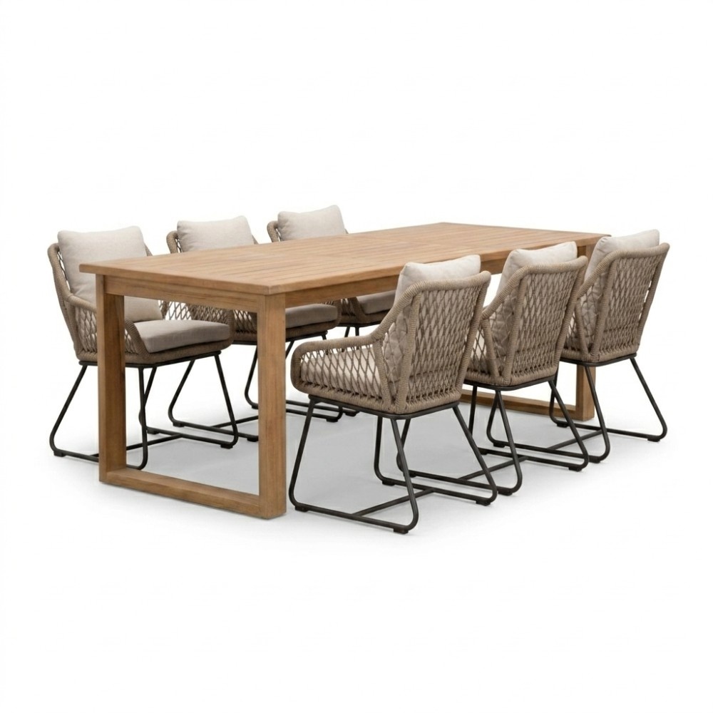 Corfu/Portofino Sahara Dust dining tuinset | 6 personen | teakhout + touw | 200cm