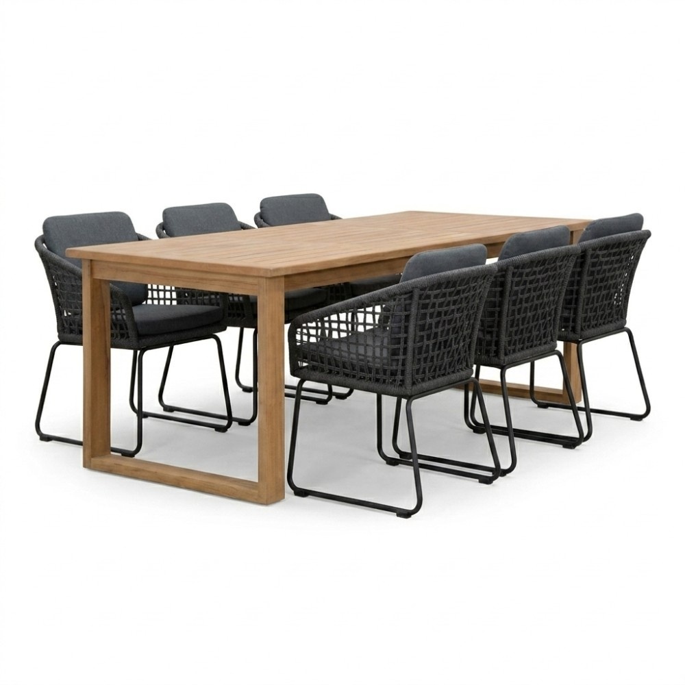 Corfu/Tulum Lava Grey dining tuinset | 6 personen | teakhout + touw | 200cm