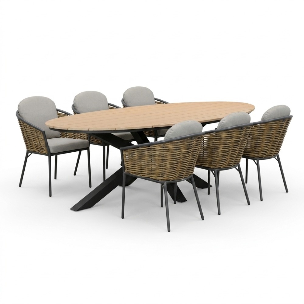 Dallas antraciet/Lucca dining tuinset | 6 personen | polywood + wicker | 220cm
