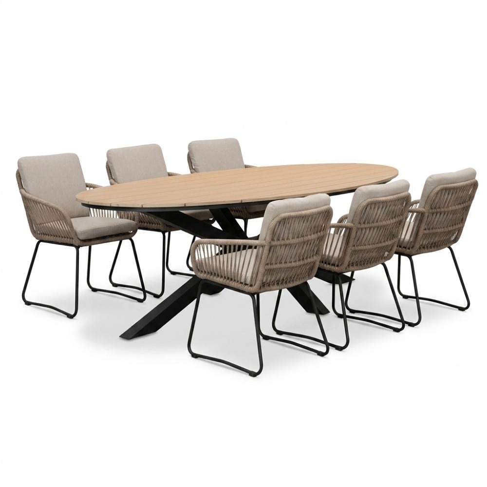 Dallas antraciet/Harper Sahara Dust dining tuinset | 6 personen | polywood + touw | 220cm