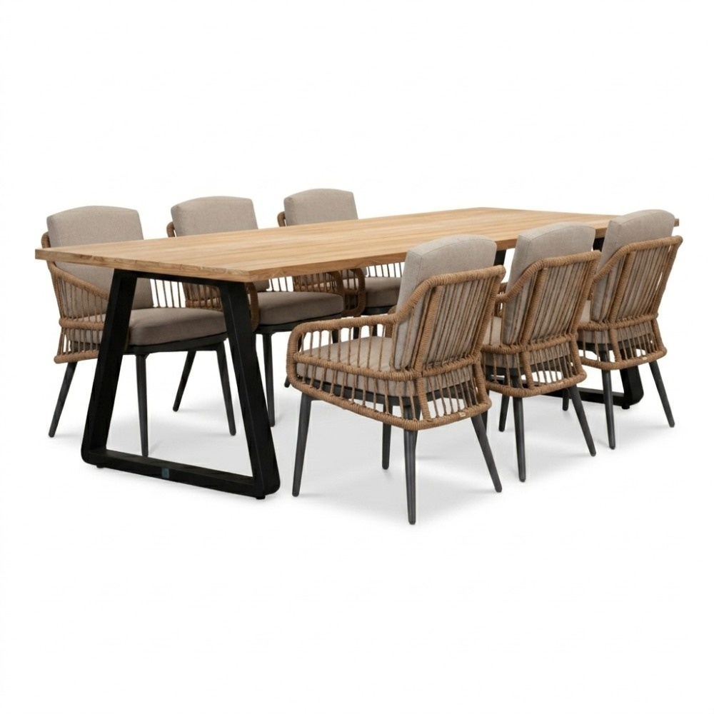 Elena/Alicante zand dining tuinset | 6 personen | teakhout + wicker | 240cm