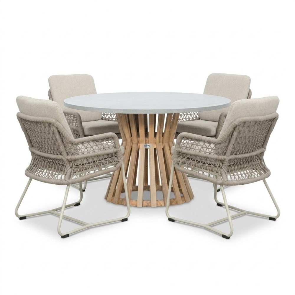 Elzas/Gianna Almond Beige dining tuinset | 4 personen | polystone + touw | Ø135cm rond