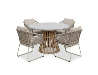 Elzas/Tulum Almond Beige dining tuinset | 4 personen | polystone + touw | Ø135cm rond