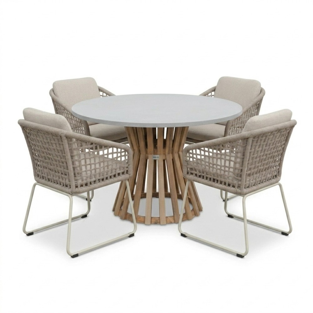 Elzas/Tulum Almond Beige dining tuinset | 4 personen | polystone + touw | Ø135cm rond