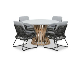 Elzas/Gianna Stone Grey dining tuinset | 4 personen | polystone + touw | Ø135cm rond