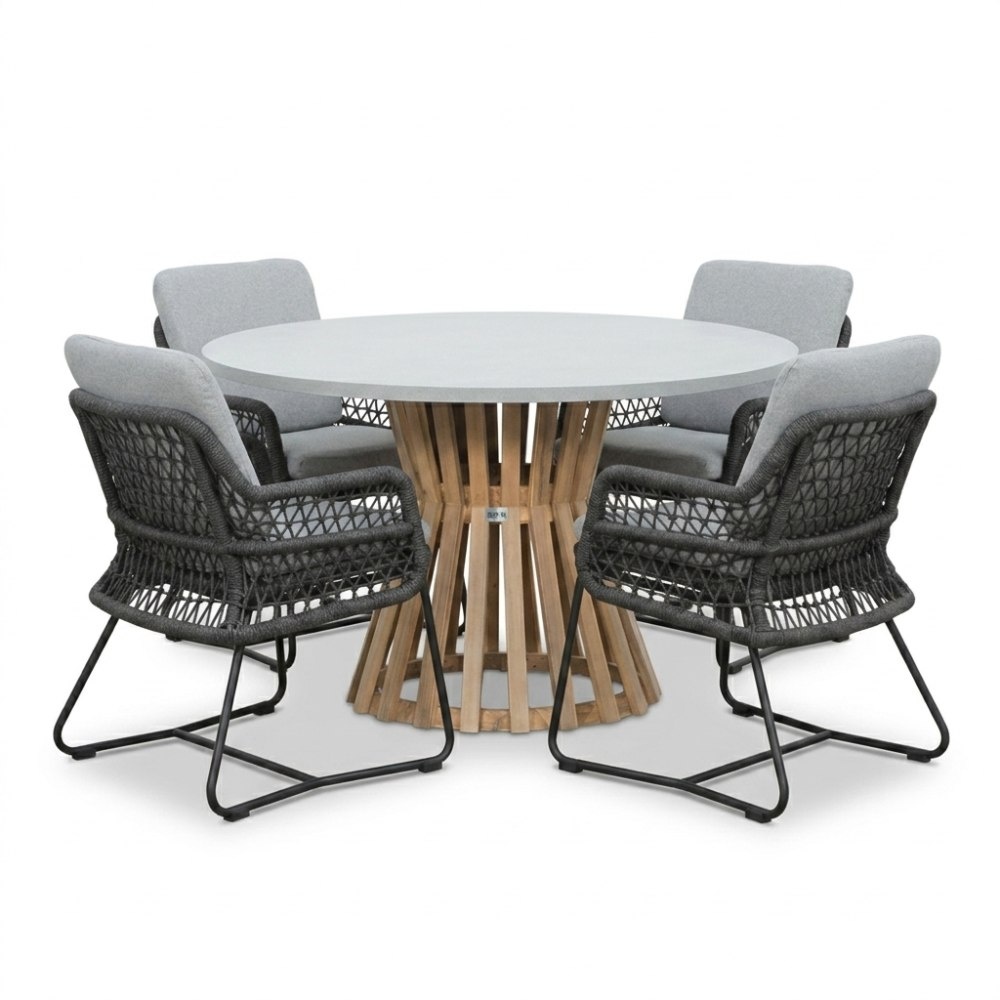 Elzas/Gianna Stone Grey dining tuinset | 4 personen | polystone + touw | Ø135cm rond