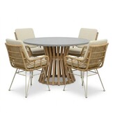 Elzas/Carlos beige dining tuinset | 4 personen | polystone + wicker | Ø135cm rond