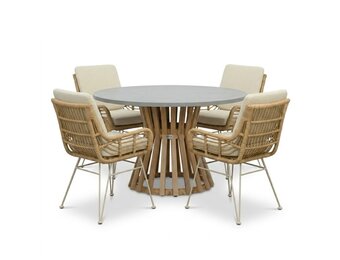 Elzas/Carlos beige dining tuinset | 4 personen | polystone + wicker | Ø135cm rond