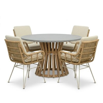 Elzas/Carlos beige dining tuinset | 4 personen | polystone + wicker | Ø135cm rond