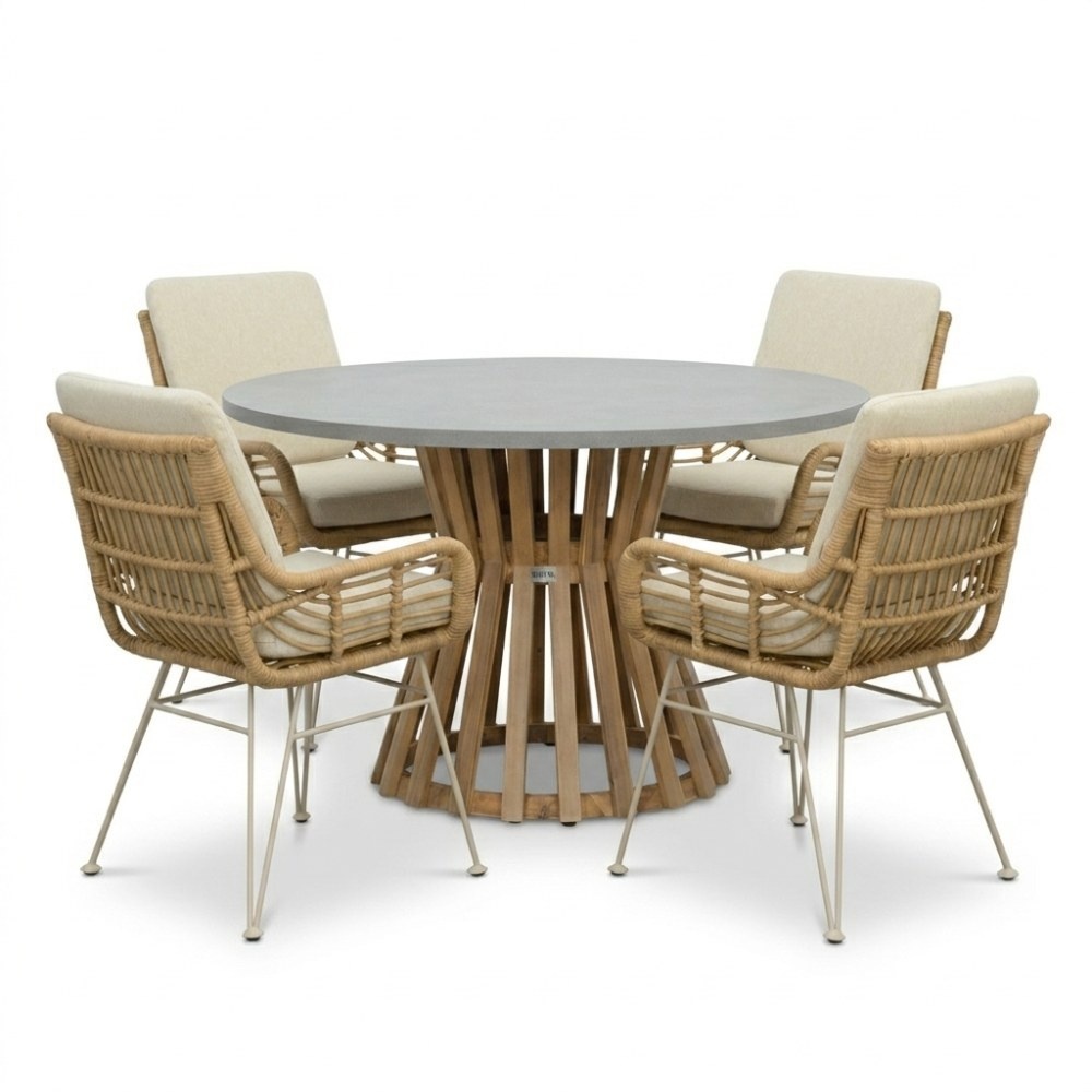 Elzas/Carlos beige dining tuinset | 4 personen | polystone + wicker | Ø135cm rond