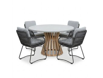 Elzas/Harper Stone Grey dining tuinset | 4 personen | polystone + touw | Ø135cm rond