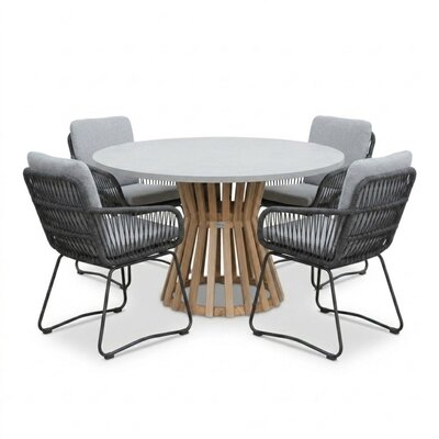 Elzas/Harper Stone Grey dining tuinset | 4 personen | polystone + touw | Ø135cm rond