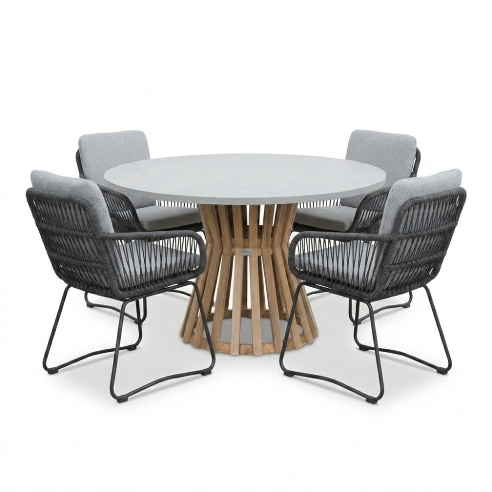 Elzas/Harper Stone Grey dining tuinset | 4 personen | polystone + touw | Ø135cm rond