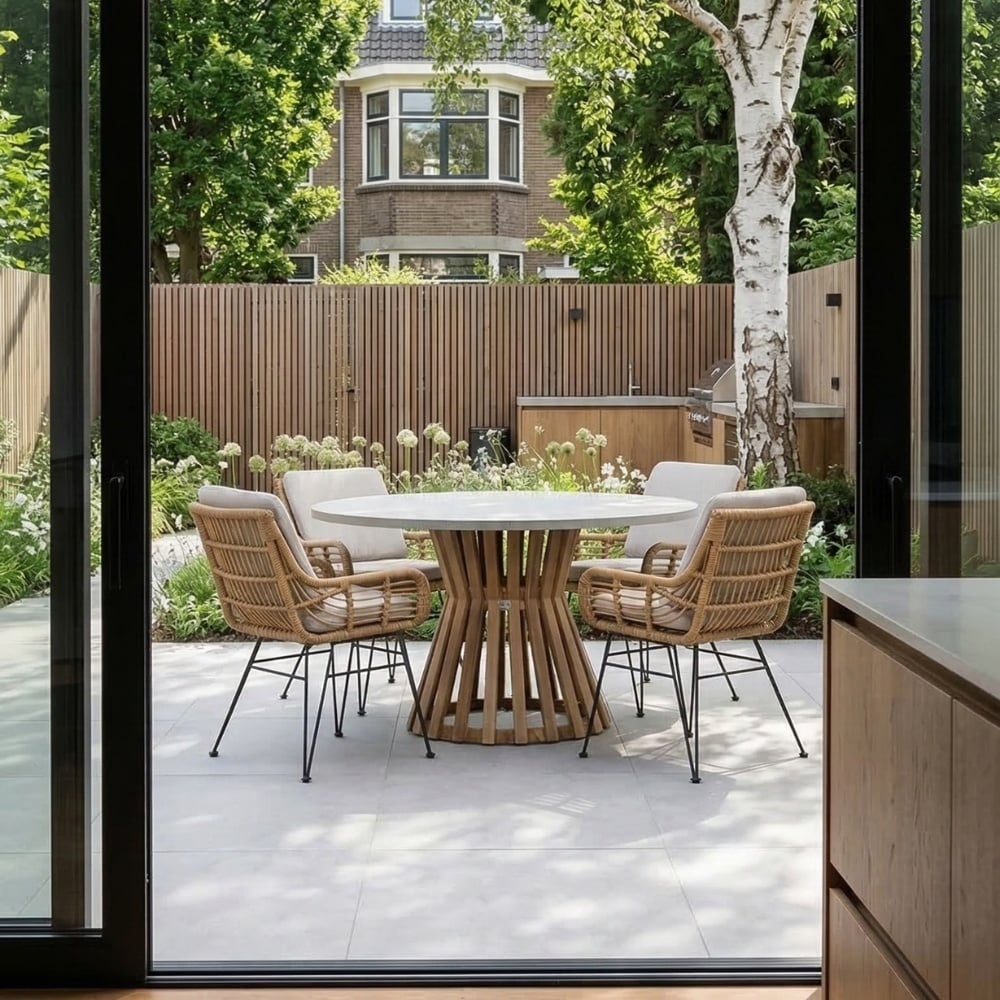 Elzas/Harper Stone Grey dining tuinset | 4 personen | polystone + touw | Ø135cm rond