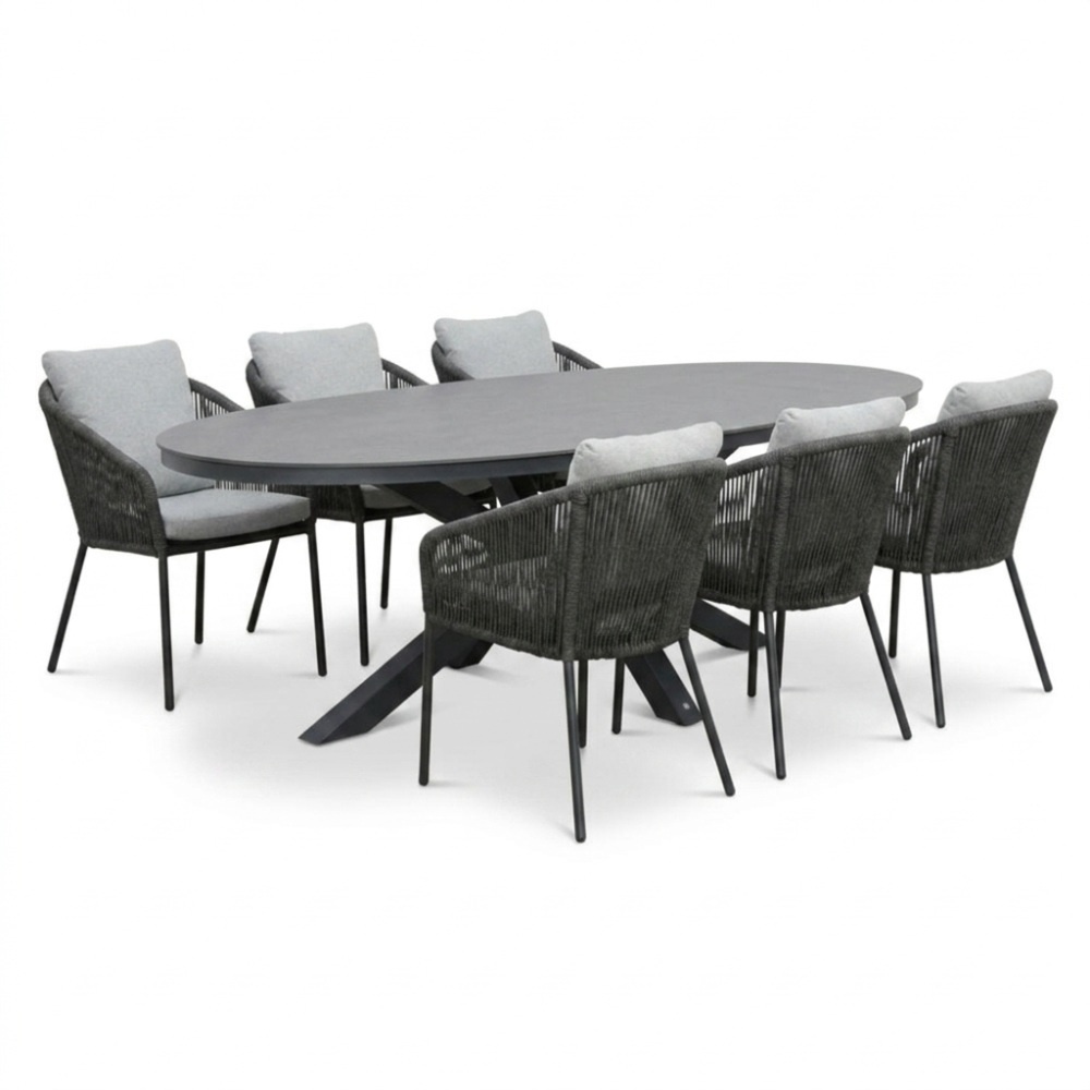 Firenze antraciet/Lexis Stone Grey dining tuinset | 6 personen | sintered stone + touw | 220cm