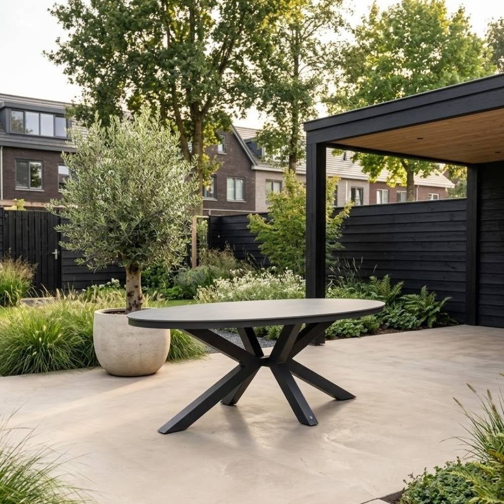 Firenze antraciet/Lexis Stone Grey dining tuinset | 6 personen | sintered stone + touw | 220cm