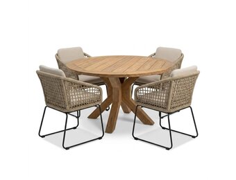 Genua/Tulum Sahara Dust dining tuinset | 4 personen | teakhout + touw | 120cm