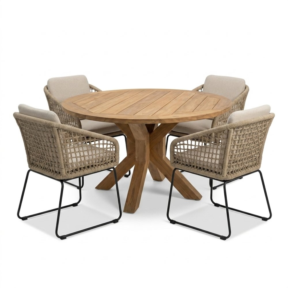 Genua/Tulum Sahara Dust dining tuinset | 4 personen | teakhout + touw | 120cm