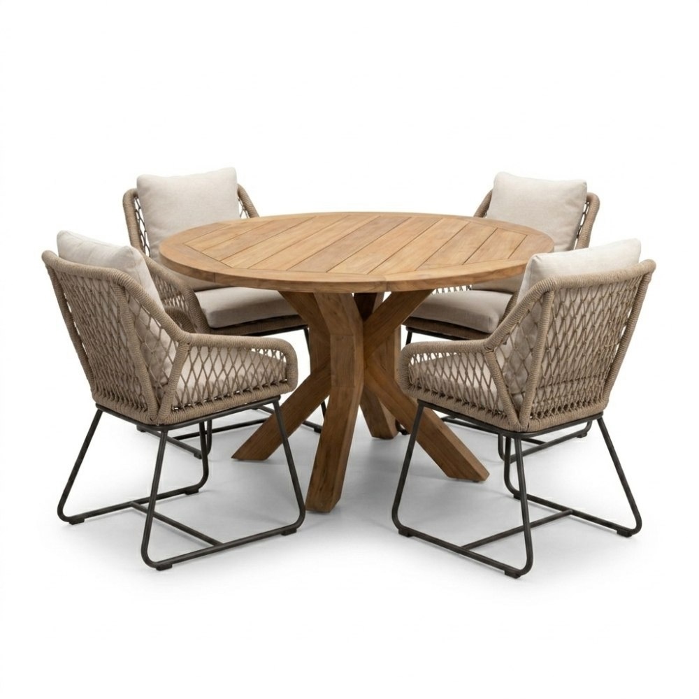 Genua/Portofino Sahara Dust dining tuinset | 4 personen | teakhout + touw | 120cm