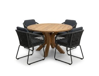 Genua/Tulum Lava Grey dining tuinset | 4 personen | teakhout + touw | 120cm