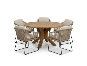 Genua/Tulum Sahara Dust dining tuinset | 5 personen | teakhout + touw | 140cm