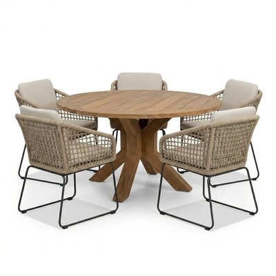 Genua/Tulum Sahara Dust dining tuinset | 5 personen | teakhout + touw | 140cm