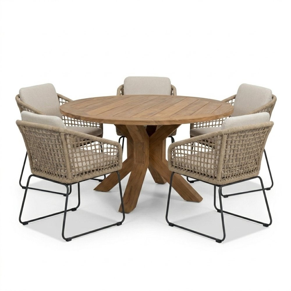 Genua/Tulum Sahara Dust dining tuinset | 5 personen | teakhout + touw | 140cm