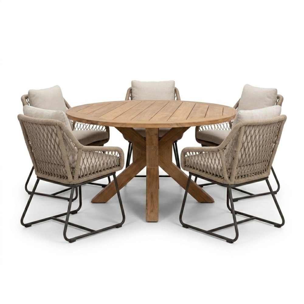 Genua/Portofino Sahara Dust dining tuinset | 5 personen | teakhout + touw | 140cm