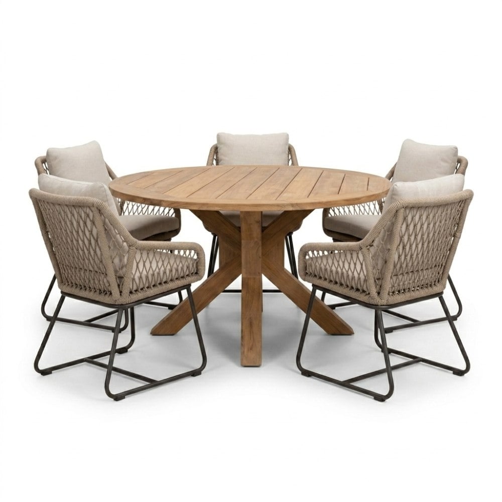 Genua/Portofino Sahara Dust dining tuinset | 5 personen | teakhout + touw | 140cm