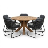 Genua/Tulum Lava Grey dining tuinset | 5 personen | teakhout + touw | 140cm