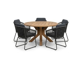 Genua/Tulum Lava Grey dining tuinset | 5 personen | teakhout + touw | 140cm