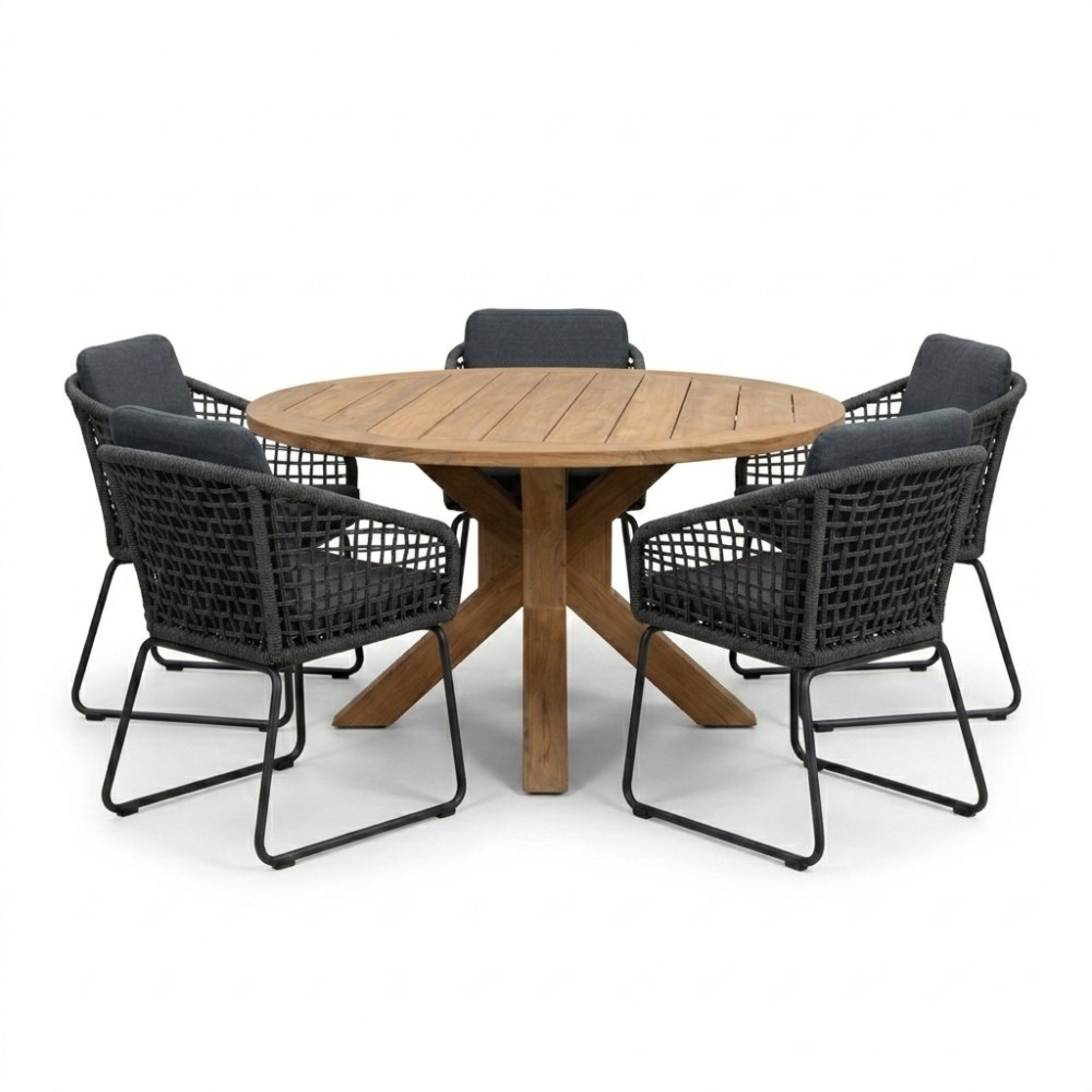 Genua/Tulum Lava Grey dining tuinset | 5 personen | teakhout + touw | 140cm
