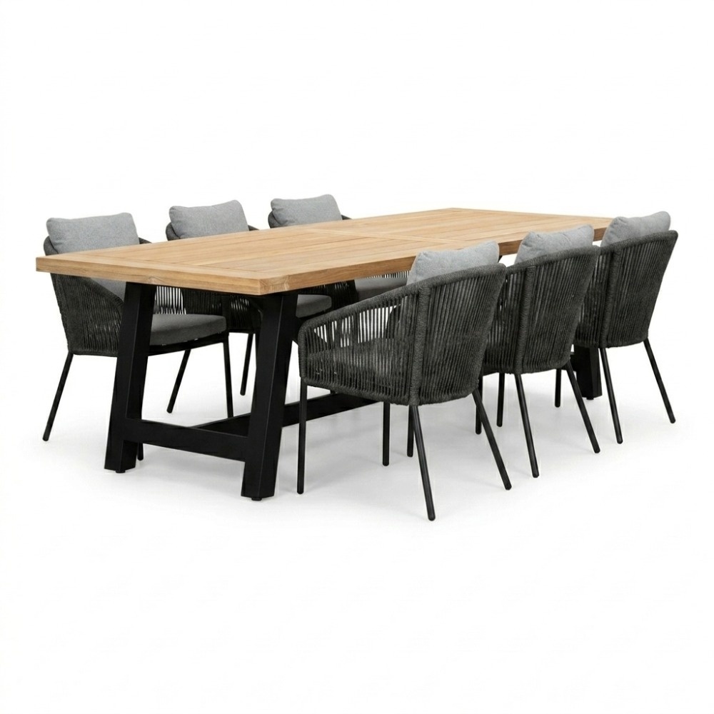 James/Lexis Stone Grey dining tuinset | 6 personen | teakhout + touw | 260cm